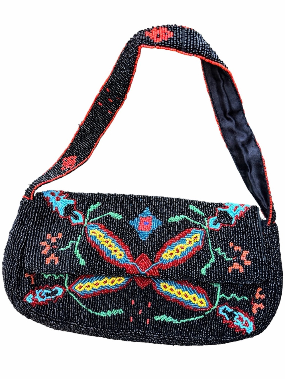 Vintage Y2K 90’S CHRISTIANA Black Multi Colour Beaded Shoulder Baguette Purse